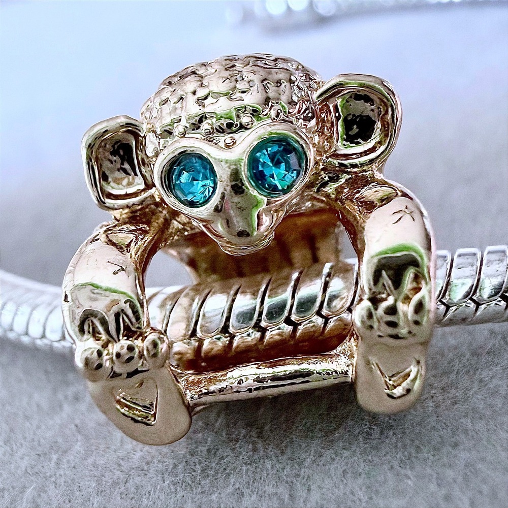 Rose Gold Monkey Charm with Blue Crystal Eyes fits PANDORA
